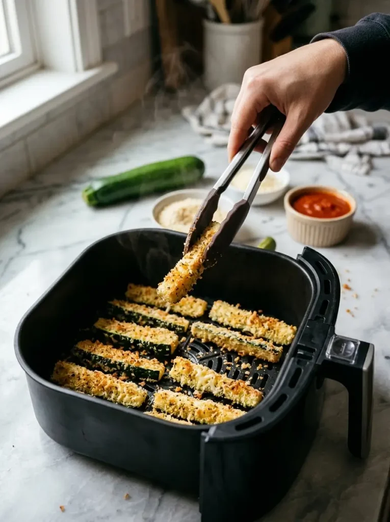Golden Parmesan-panko air fryer zucchini fries basket, with tongs lifting one fry.