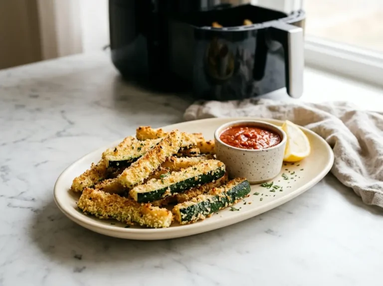 Crispy Parmesan-panko zucchini fries on an ivory platter with marinara sauce and a lemon wedge.