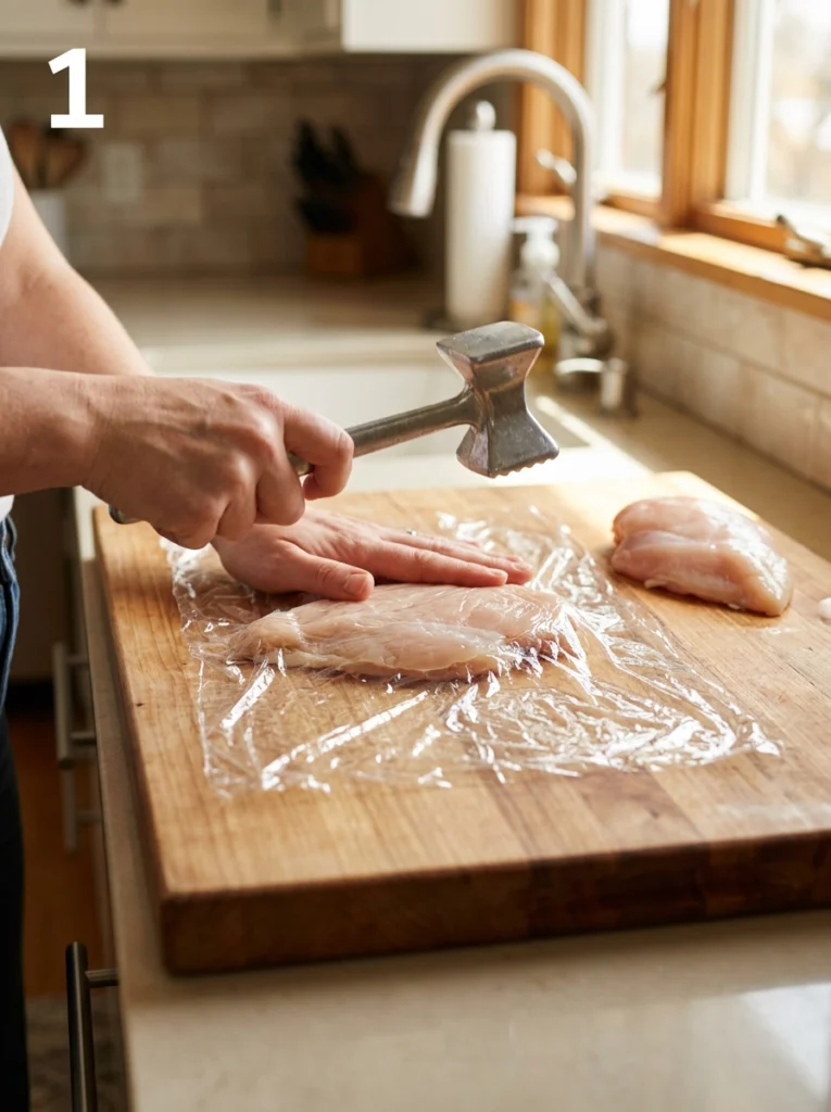 Hands flattening raw chicken breast with a meat mallet between sheets of food-safe plastic wrap.