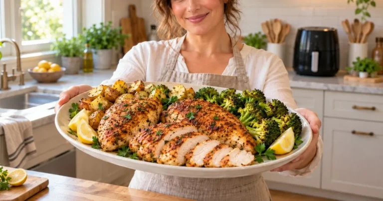 Woman serving chicken breast in air fryer with roasted potatoes, broccoli, lemon wedges, and fresh herbs.