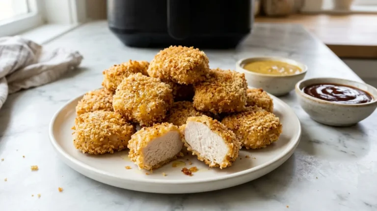 Golden panko-coated chicken nuggets on a white plate, with one cut open and dipping sauces alongside.
