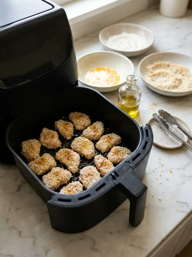 Uncooked panko-coated chicken nuggets arranged in an open black air fryer basket, with breading bowls nearby.