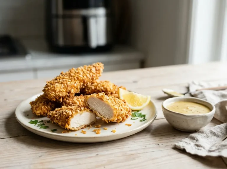 Golden panko-coated air fryer chicken tenders on a cream plate with honey mustard and lemon.