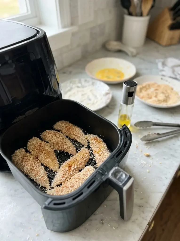Uncooked panko-coated chicken tenders arranged in an open black air fryer basket before cooking.