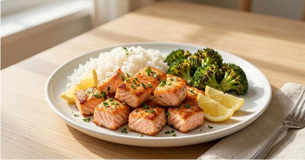 Air fryer salmon bites garnished with parsley and lemon, served with white rice and roasted broccoli