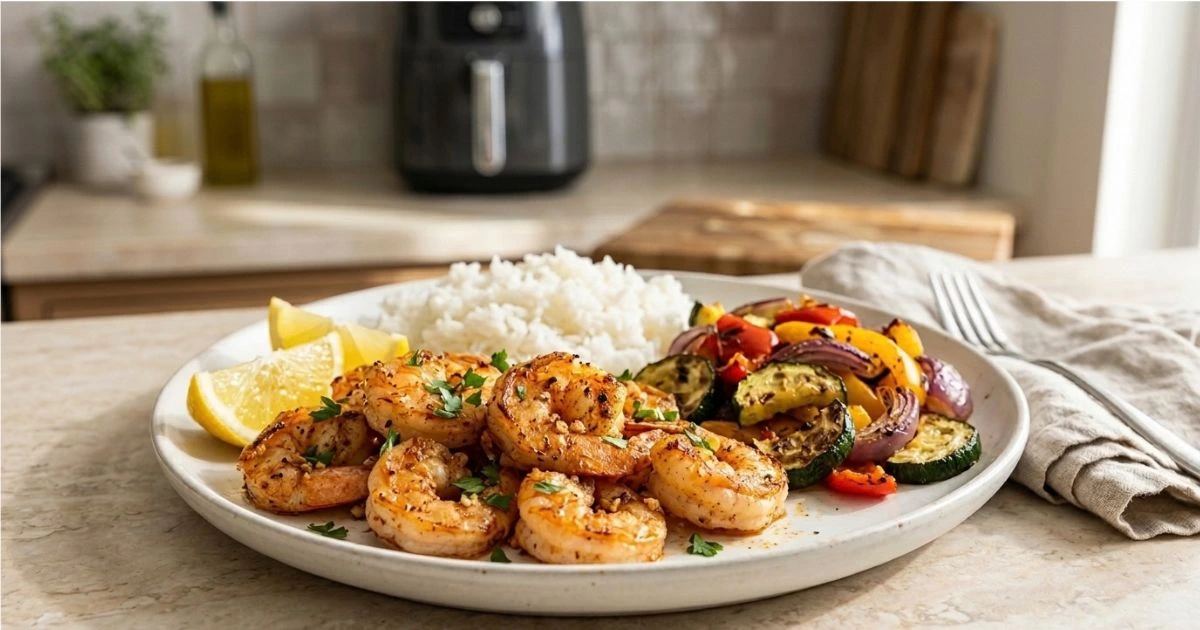 Featured image for an easy air fryer shrimp recipe, showing seasoned shrimp on a white plate with parsley, lemon wedges, rice, and roasted vegetables.