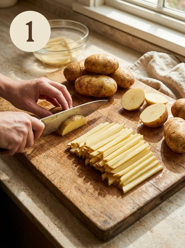 Step 1: Potatoes cut into thin French fry sticks on a wooden cutting board