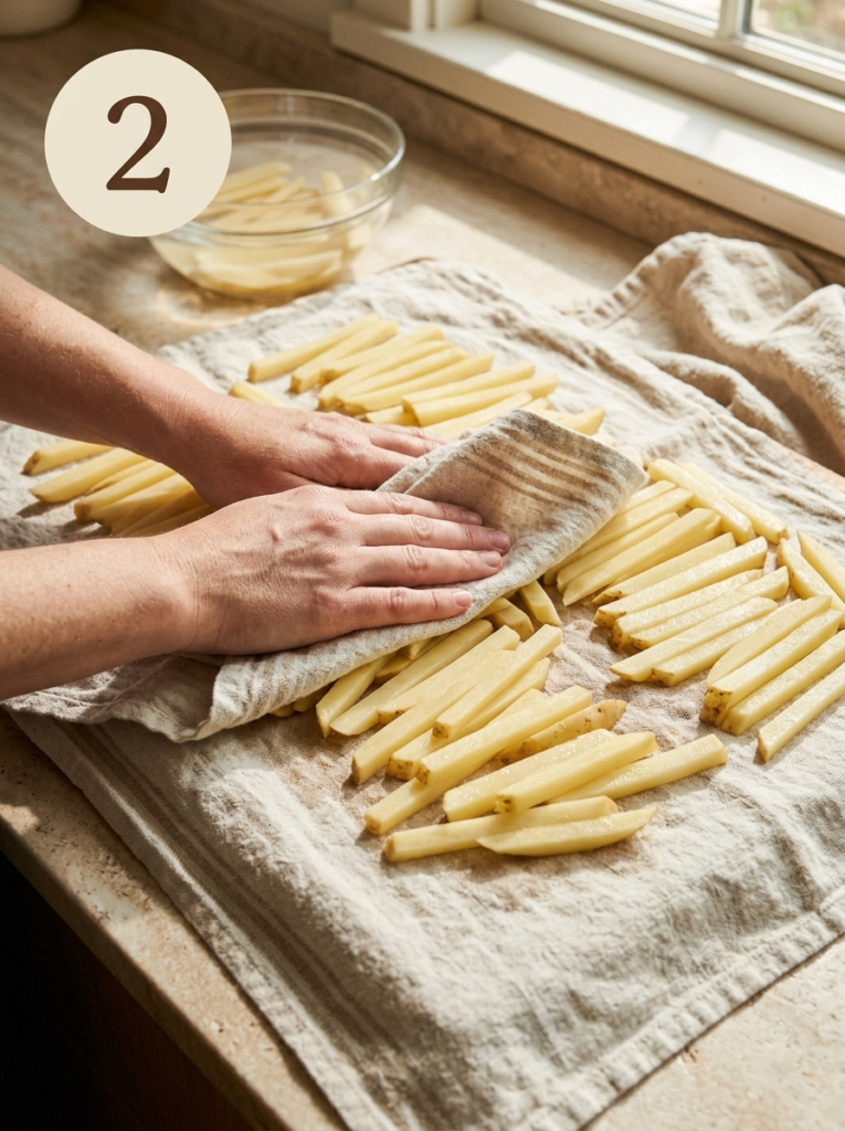 Step 2: Raw potato sticks being patted dry with a clean kitchen towel
