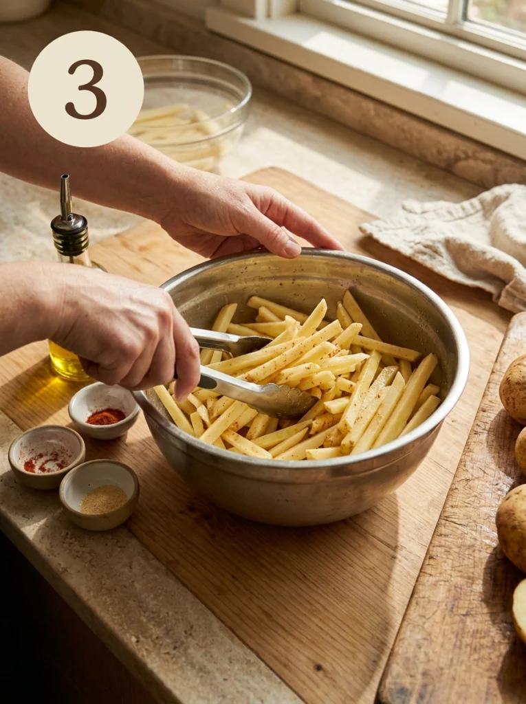 Step 3: Raw French fry sticks tossed with oil and seasoning in a mixing bowl