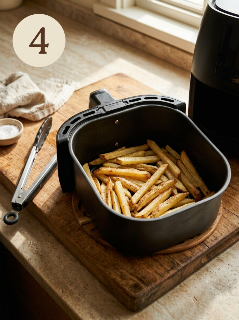 Step 4: Golden French fries arranged loosely in an open air fryer basket