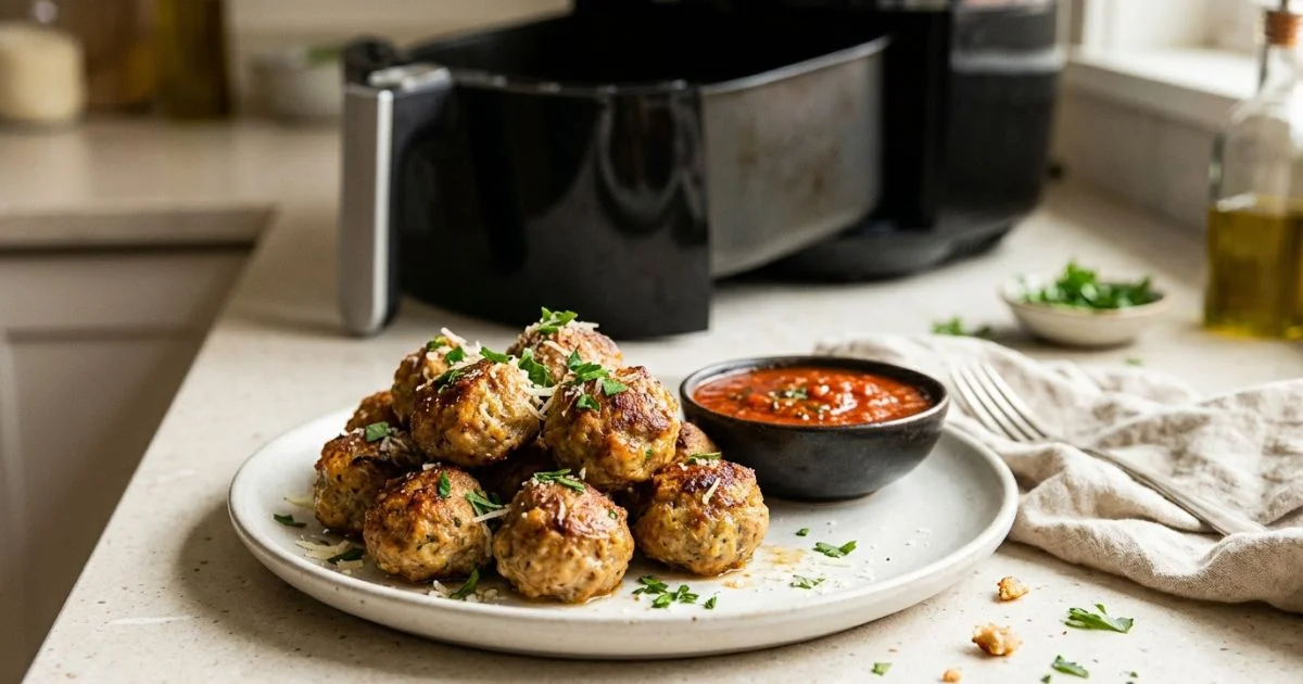 Golden-brown meatballs in air fryer recipe served with parsley, Parmesan, and marinara sauce