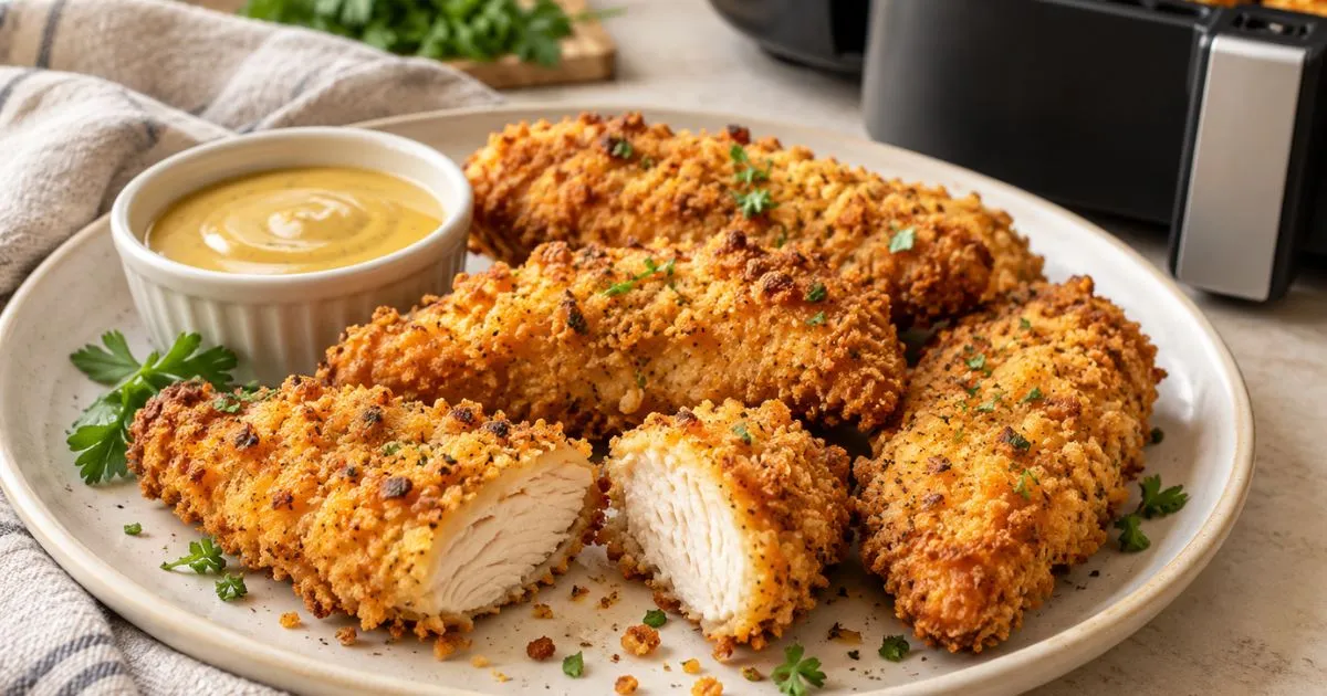 Crispy air fryer fried chicken tenders with dipping sauce