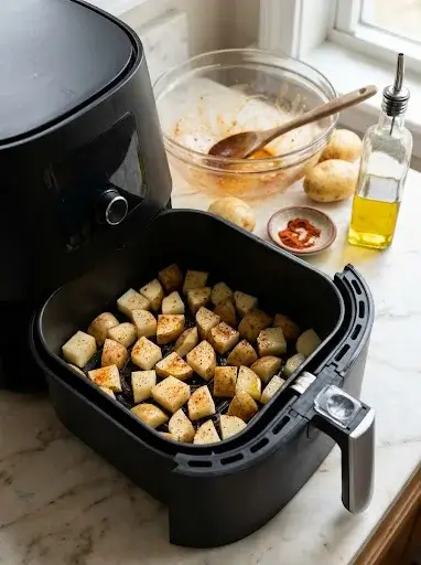 Raw skin-on potato cubes coated with oil and spices in an open black air fryer basket.