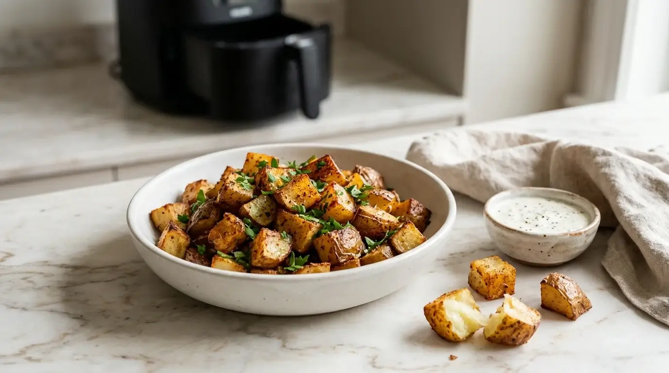 Crispy potatoes in air fryer with golden edges and fresh parsley, served in a white bowl.