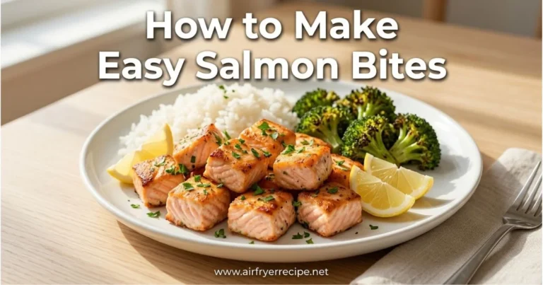 Air fryer salmon bites garnished with parsley and lemon, served with white rice and roasted broccoli