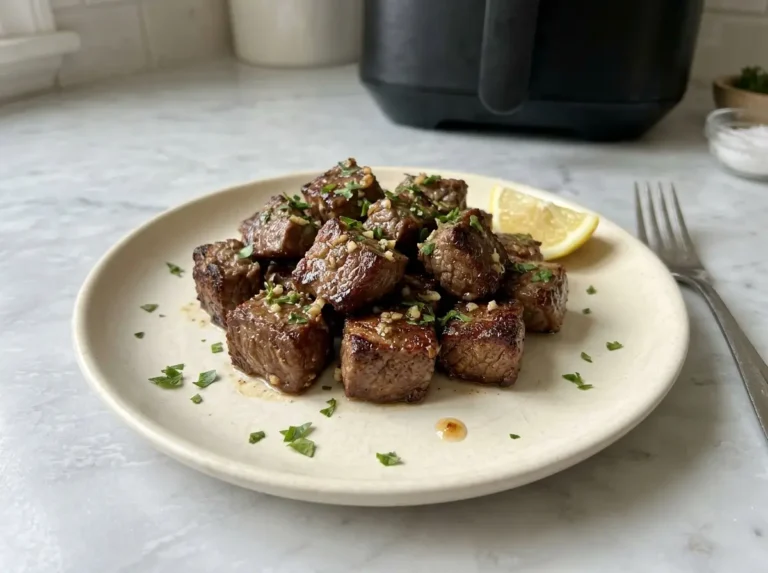 Steak bites cooked in an air fryer, glazed with garlic butter and topped with parsley on an ivory plate.