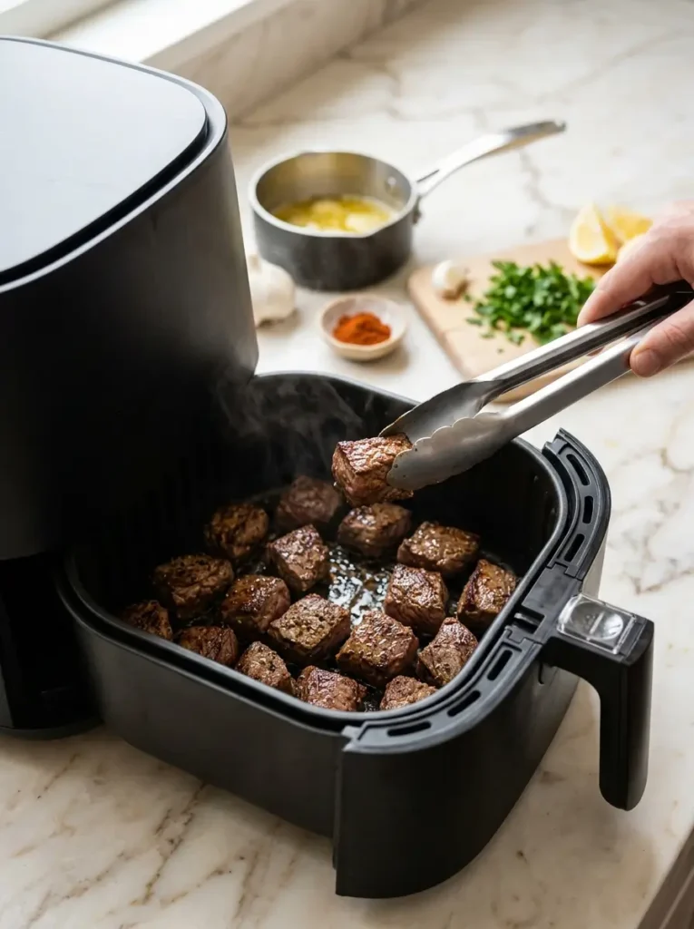 Tongs lifting a browned steak bites in air fryer basket, with garlic butter and parsley nearby.